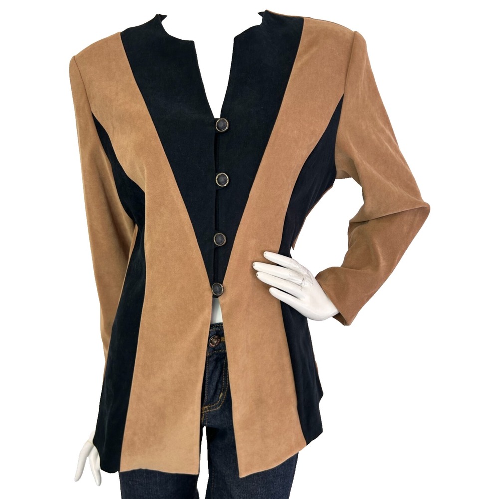 Vtg D.J. Summers USA Colorblock Faux Suede Blazer Suit Jacket Tan Black 90s L